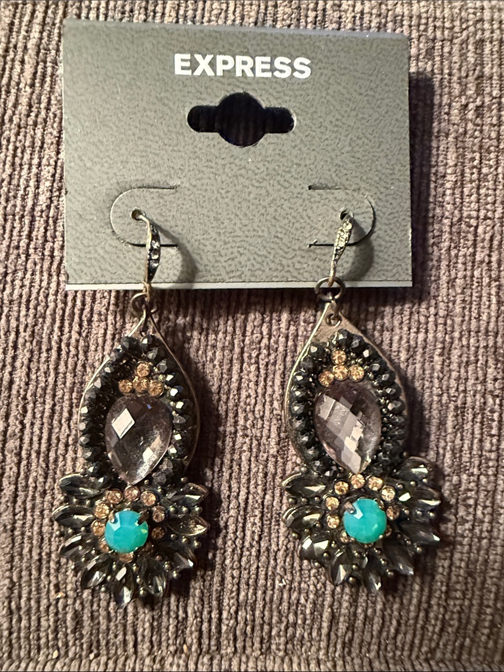 Express Gold-Tone Teardrop Earrings with Turquoise and Gray Stones